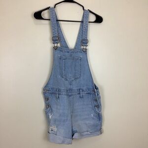 Old Navy M Blue Denim One Piece Distressed Roll Cuff Jean Shorts Bib Overalls